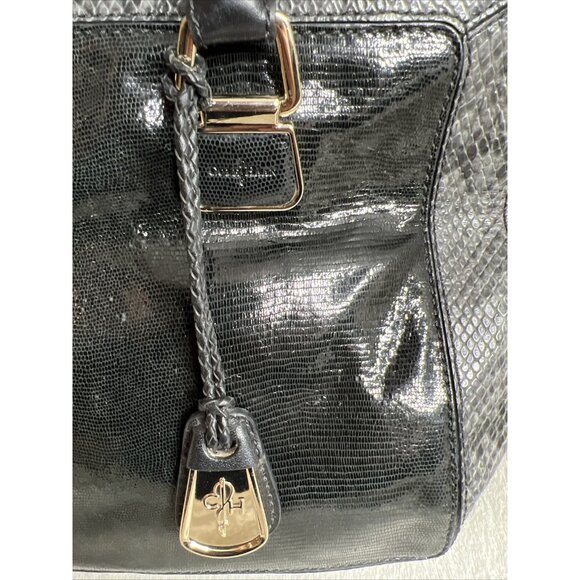 Cole Haan Black Leather & Snakeskin Tote Bag With Gold Hardware & Red Lining - Picture 2 of 10